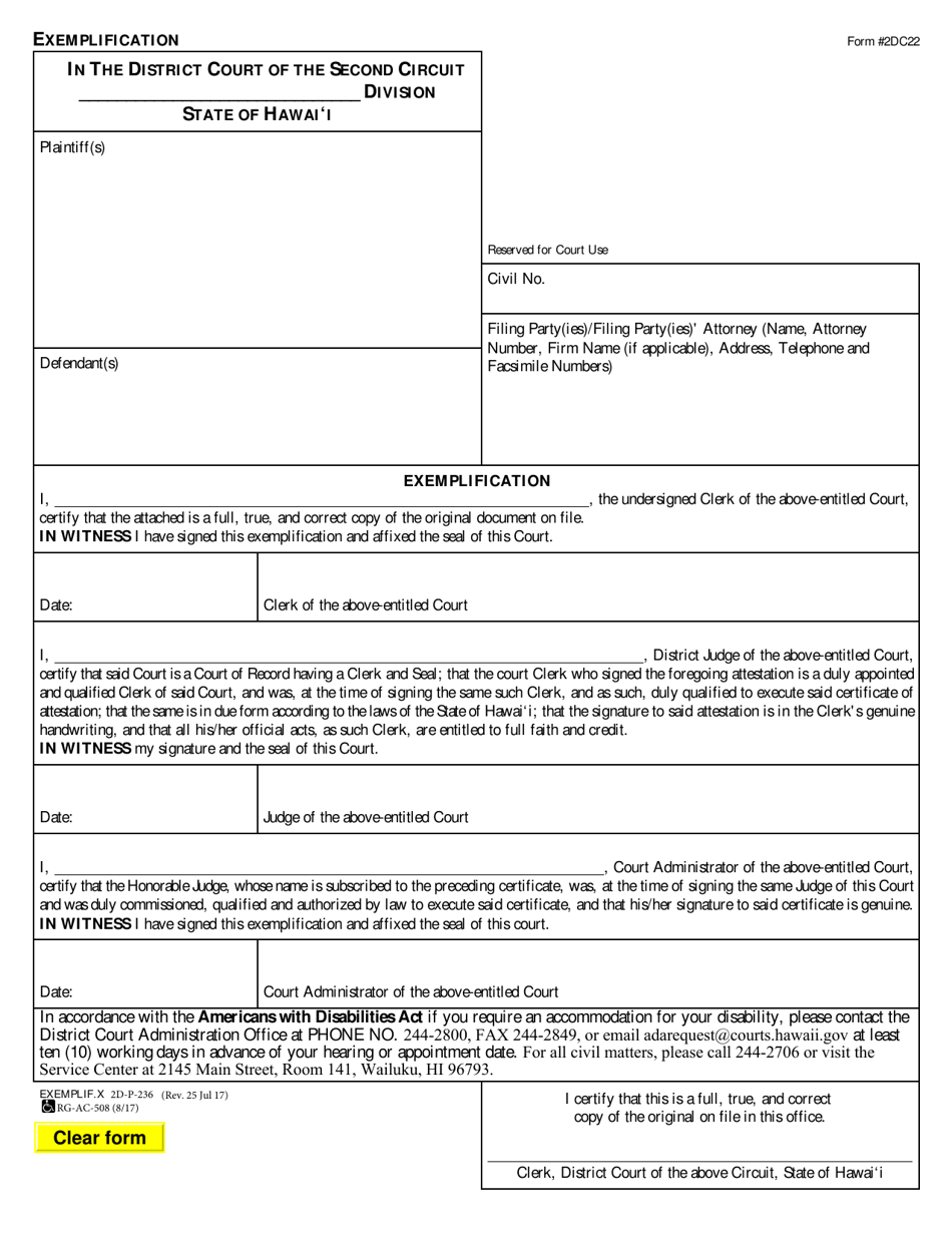 Form 2DC22 Exemplification - Hawaii, Page 1