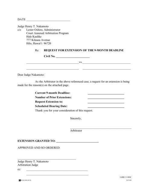 Form 3C-P-409 Request for Extension of the 9-month Deadline - Hawaii