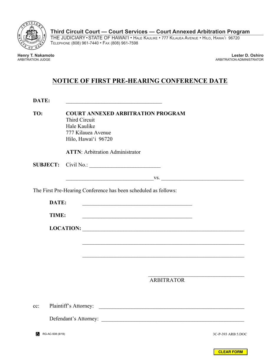 Form 3C-P-393 Notice of First Pre-hearing Conference Date - Hawaii, Page 1