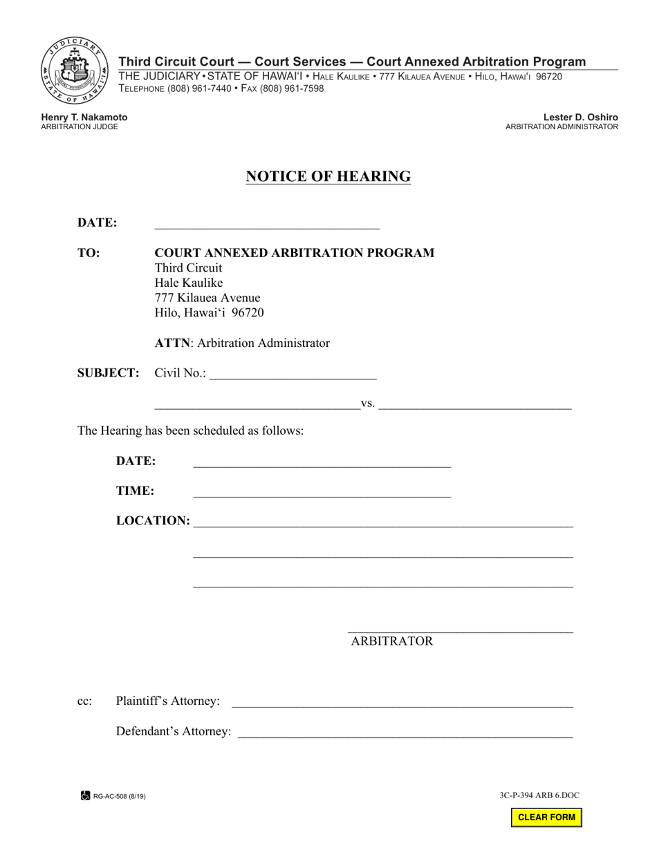 Form 3C-P-394 Notice of Hearing - Hawaii, Page 1