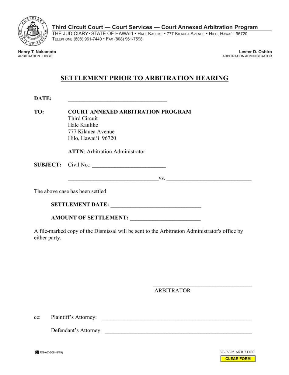 Form 3C-P-395 Settlement Prior to Arbitration Hearing - Hawaii, Page 1