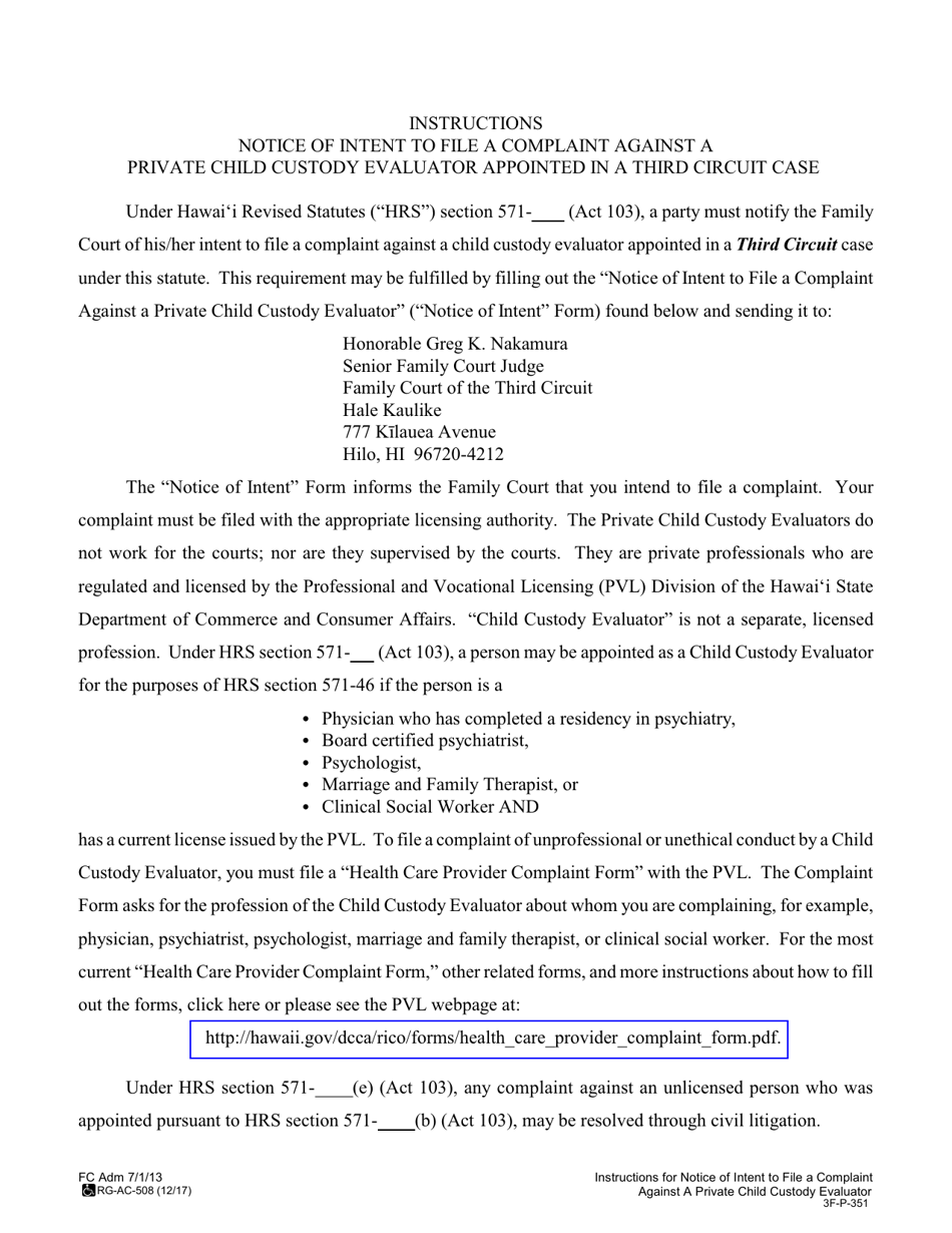 Instructions for Form 3F-P-350 Notice of Intent to File a Complaint Against a Private Child Custody Evaluator - Hawaii, Page 1