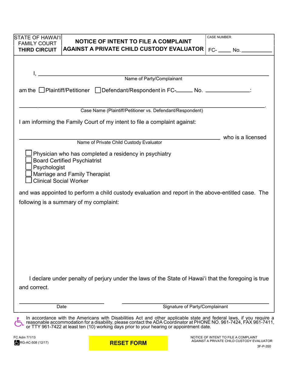 Form 3F-P-350 Notice of Intent to File a Complaint Against a Private Child Custody Evaluator - Hawaii, Page 1