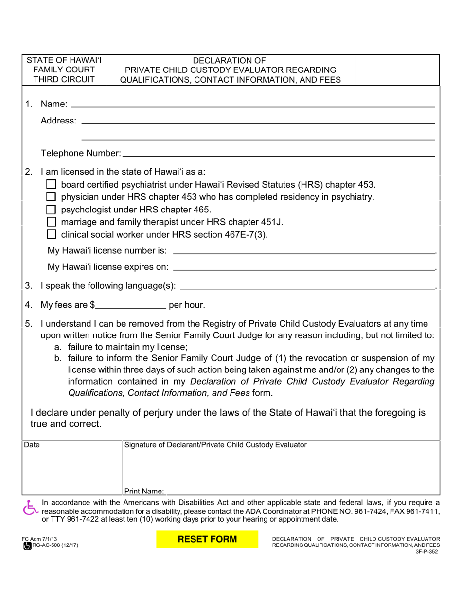 Form 3F-P-352 Declaration of Private Child Custody Evaluator Regarding Qualifications, Contact Information, and Fees - Hawaii, Page 1