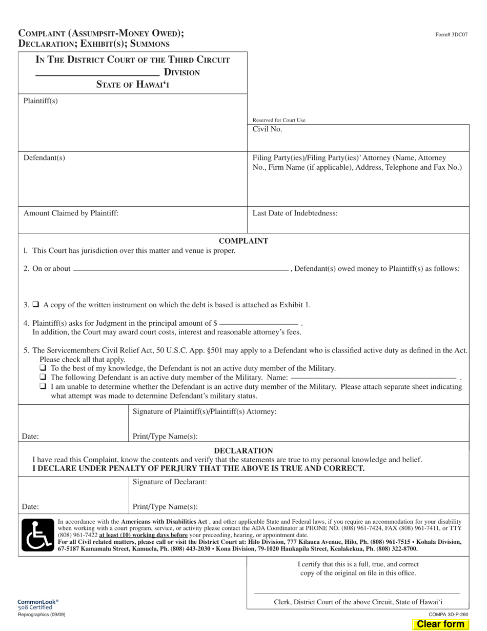Form 3DC07 Complaint (Assumpsit-Money Owed); Declaration; Exhibit(S); Summons - Hawaii, Page 1