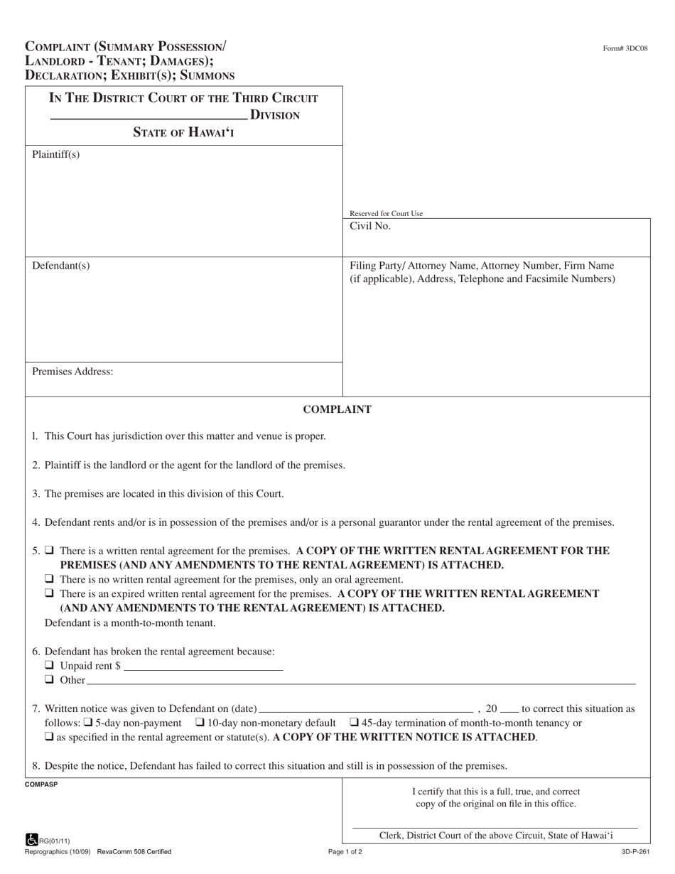 Form 3DC08 Complaint (Assumpsit, Summary Possession / Landlord-Tenant, Damages); Declaration; Exhibit(S); Summons - Hawaii, Page 1