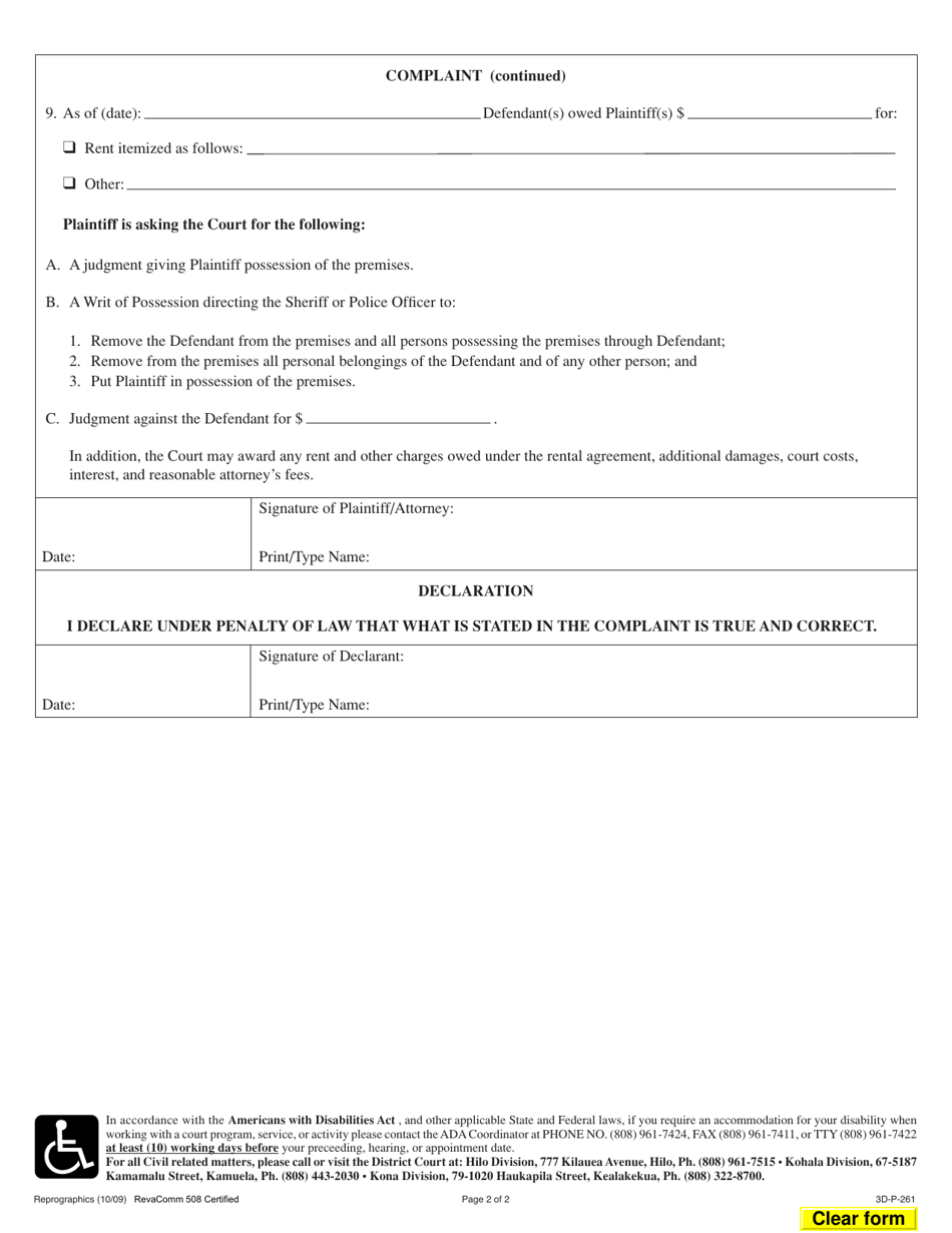 Form 3DC08 Complaint (Assumpsit, Summary Possession / Landlord-Tenant, Damages); Declaration; Exhibit(S); Summons - Hawaii, Page 2