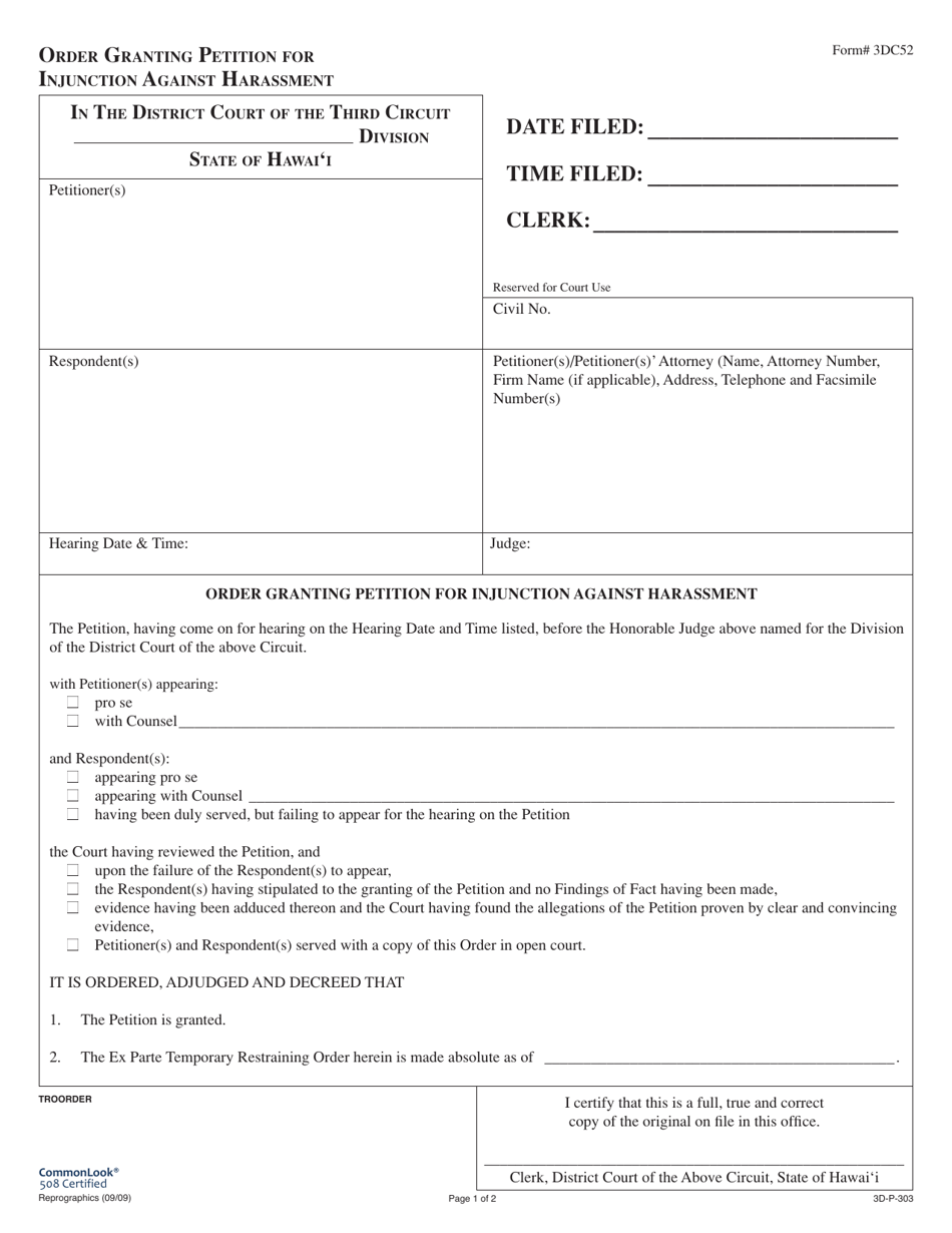 Form 3DC52 Order Granting Petition for Injunction Against Harassment - Hawaii, Page 1