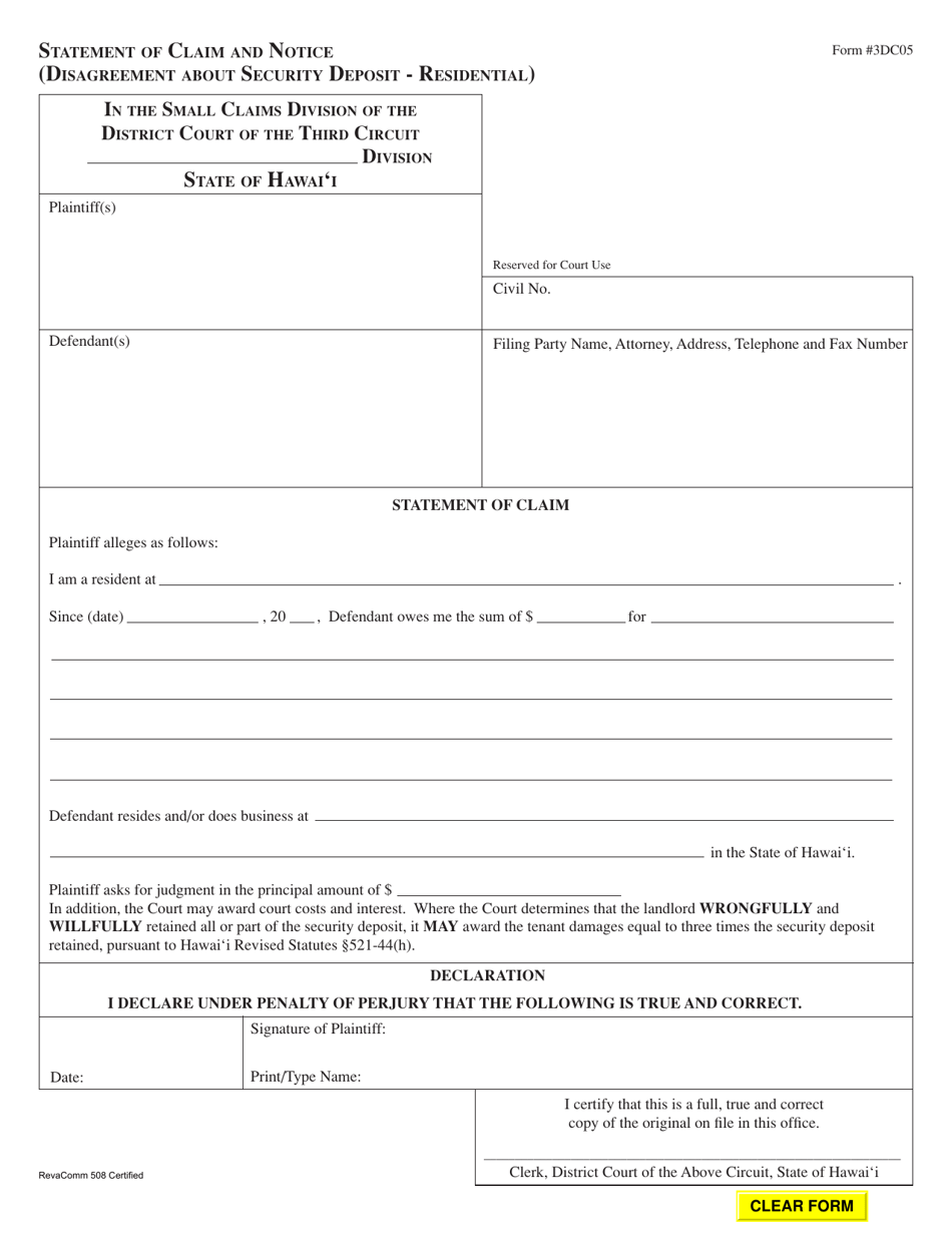 Form 3DC05 Statement of Claim and Notice (Disagreement About Security Deposit - Residential) - Hawaii, Page 1
