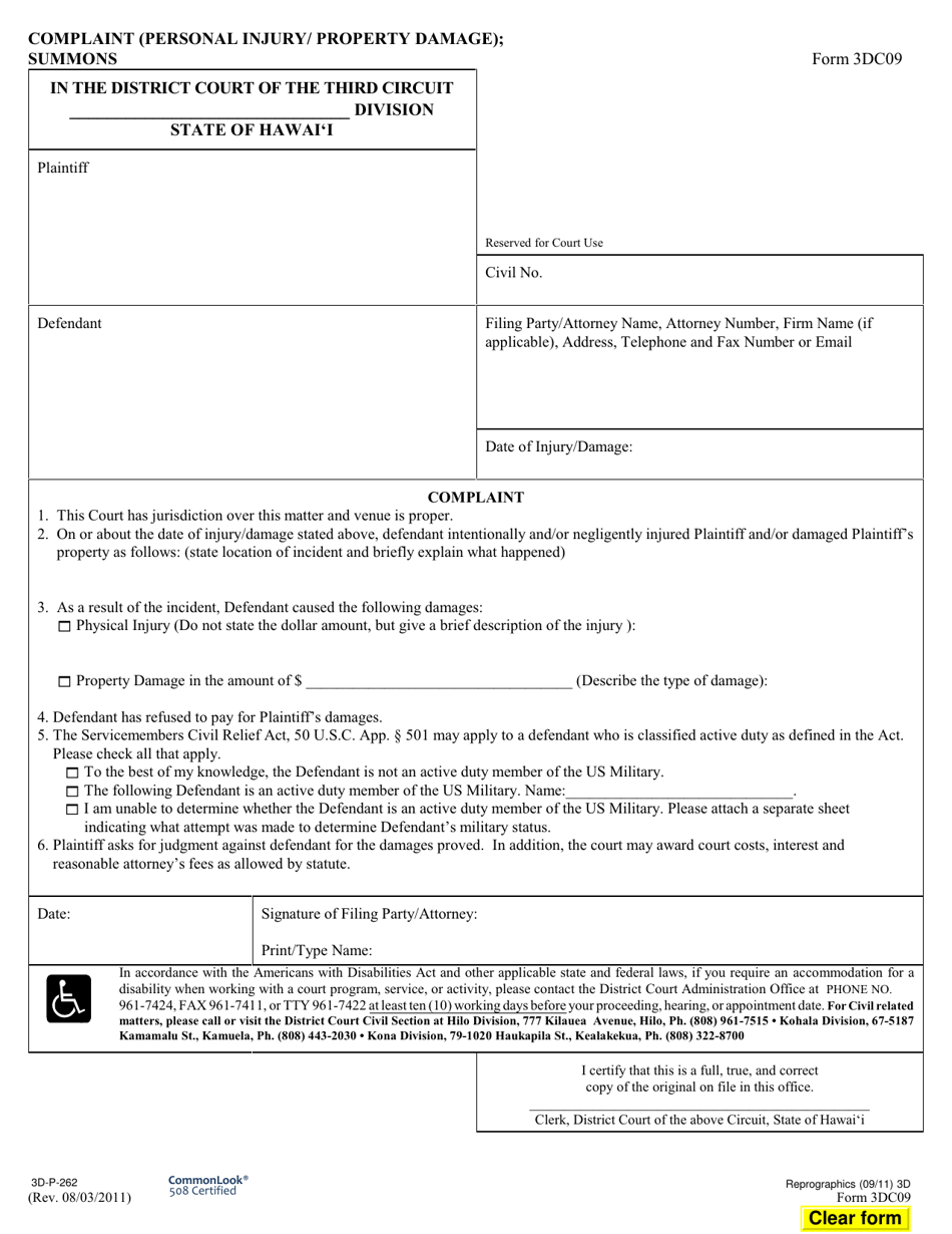 Form 3DC09 Complaint (Personal Injury / Property Damages); Summons - Hawaii, Page 1