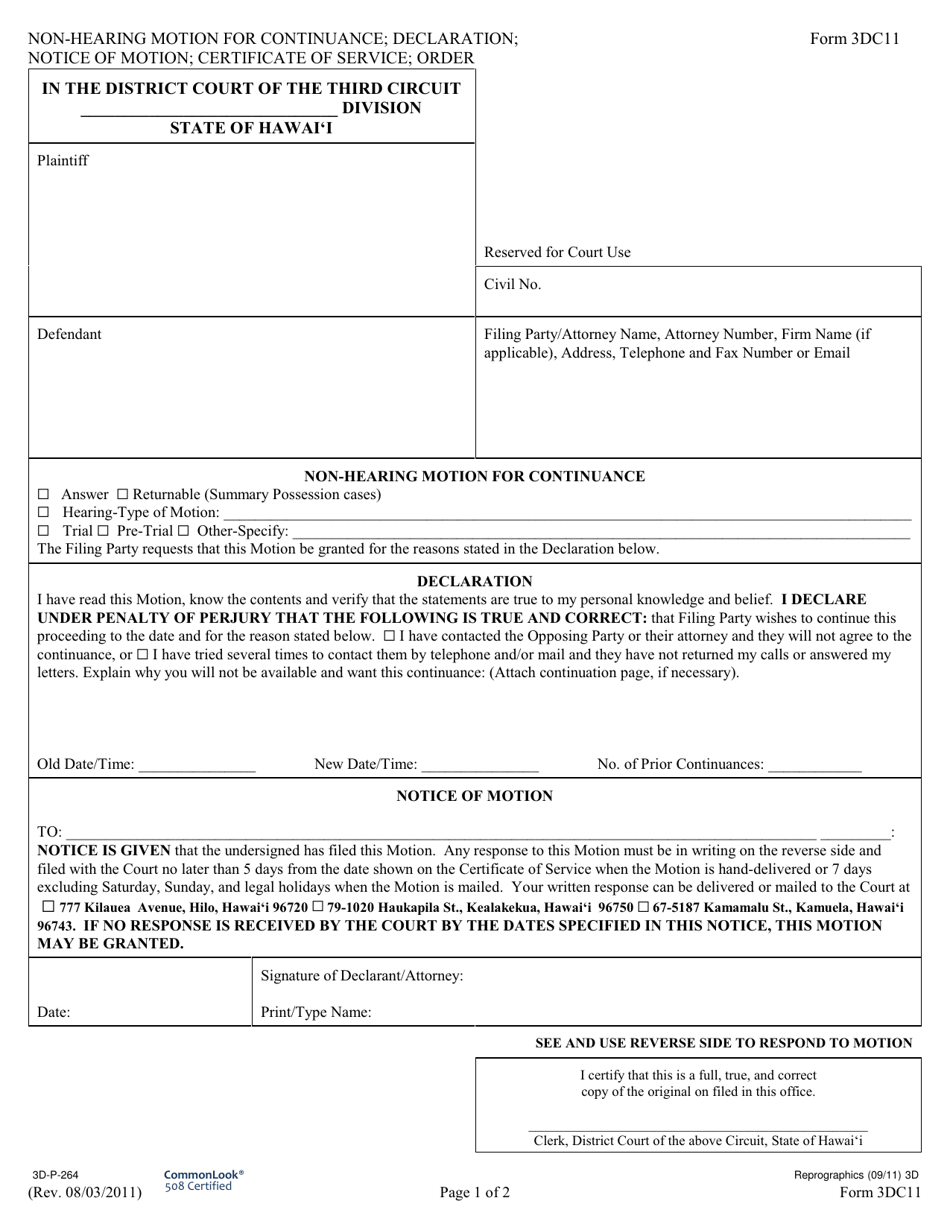 Form 3DC11 Non-hearing Motion for Continuance; Declaration; Notice of Motion; Certificate of Service; Order - Hawaii, Page 1