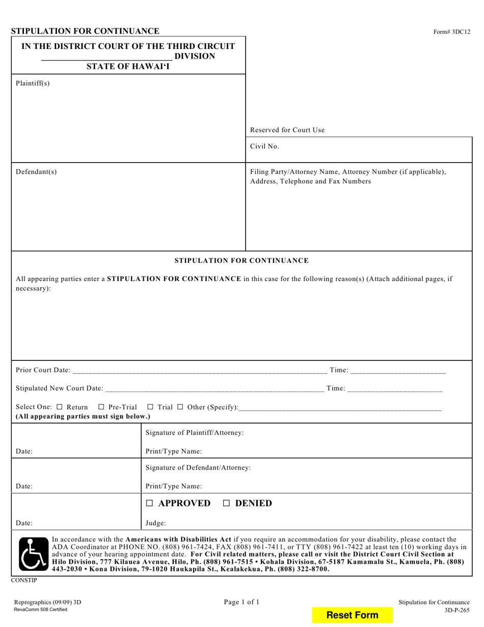Form 3DC12 Stipulation for Continuance - Hawaii, Page 1