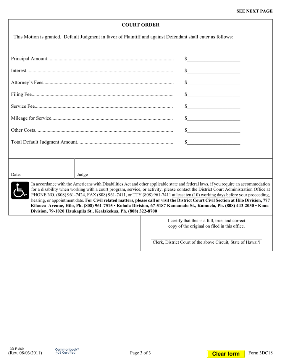 Form 3DC18 Non-hearing Motion for Default Judgment; Declaration; Exhibit(S); Affidavit of Counsel Re: Attorneys Fees; Notice of Motion; Certificate of Service; Order - Hawaii, Page 3
