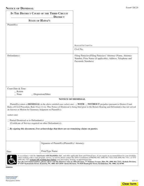 Form 3DC20 Notice of Dismissal - Hawaii