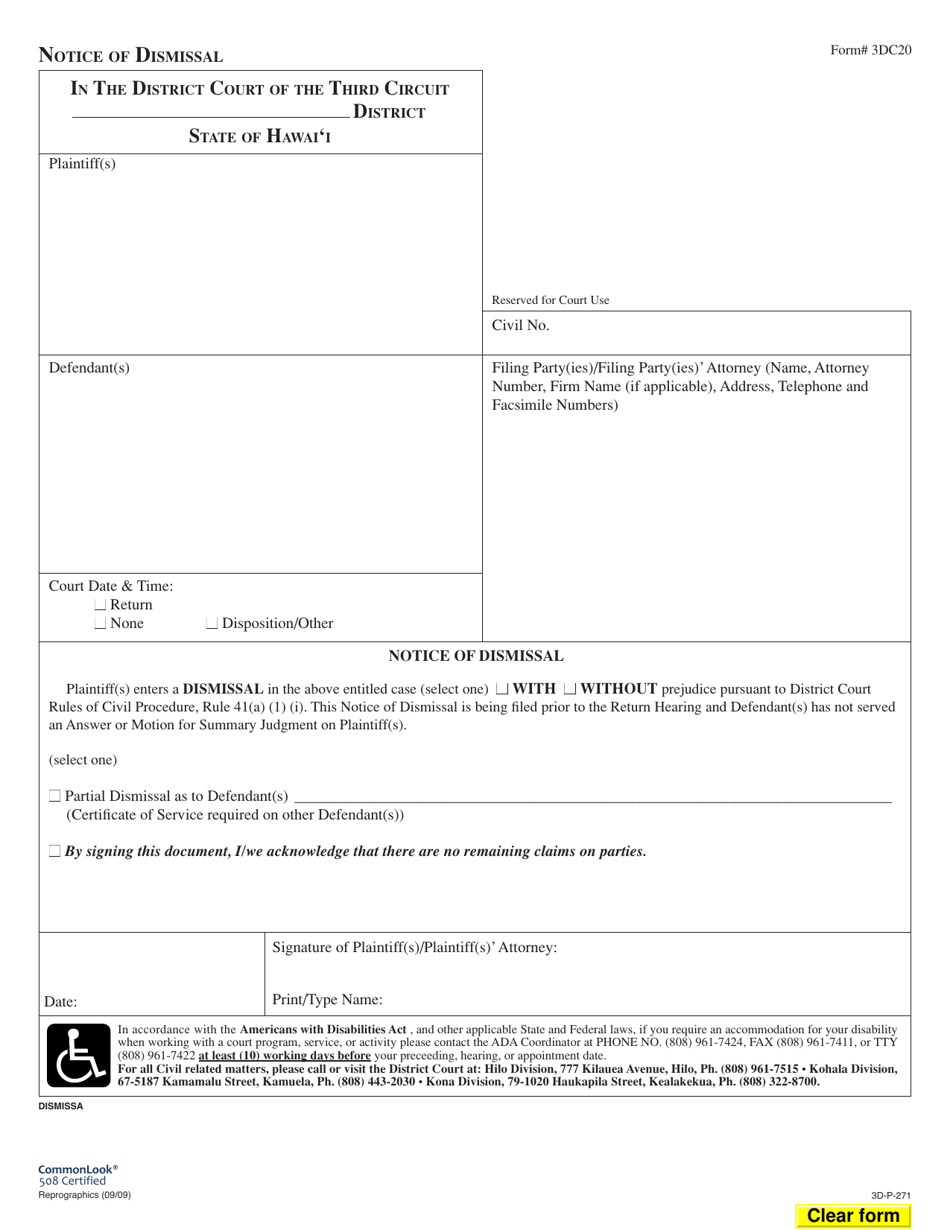 Form 3DC20 Notice of Dismissal - Hawaii, Page 1