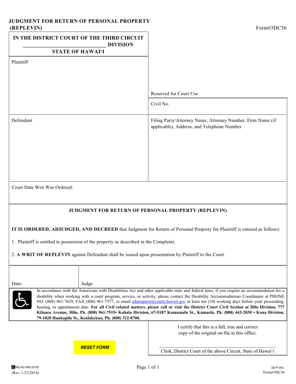Form 3DC56 Judgment for Return of Personal Property (Replevin) - Hawaii, Page 1