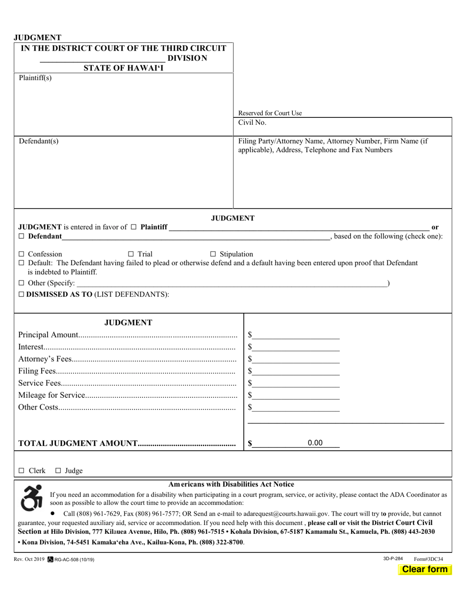 Form 3DC34 Judgment - Hawaii, Page 1