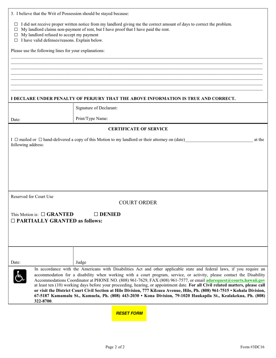 Form 3DC16 Ex Parte Motion to Stay Execution of Writ of Possession; Declaration; Order - Hawaii, Page 2