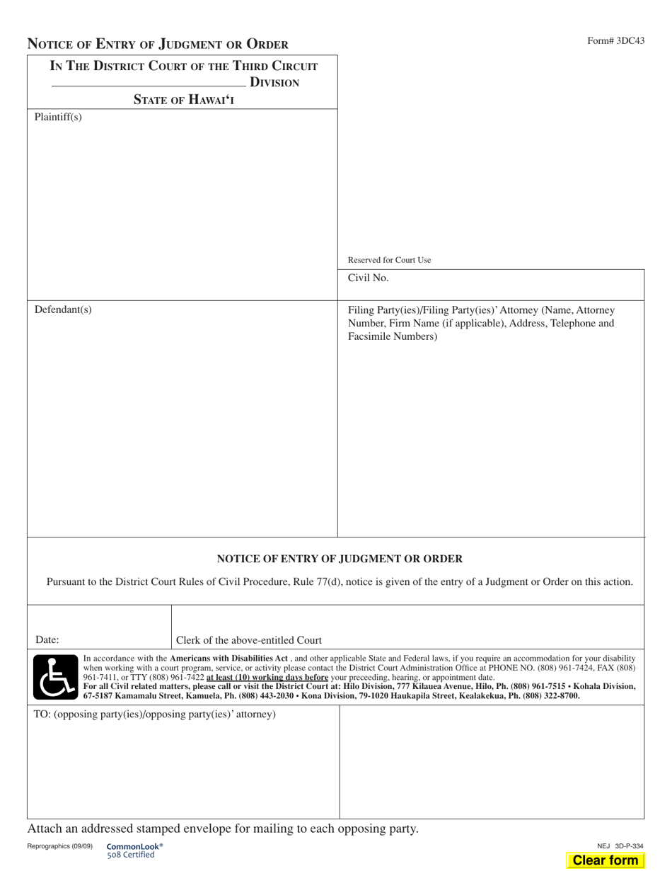 Form 3DC43 Notice of Entry of Judgment or Order - Hawaii, Page 1