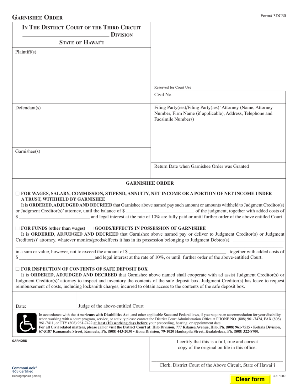 Form 3DC30 Garnishee Order - Hawaii, Page 1