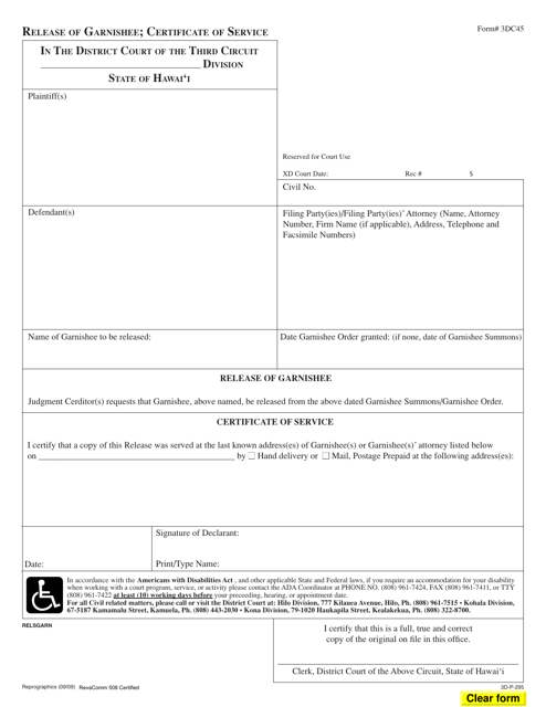 Form 3DC45 Release of Garnishee; Certificate of Service - Hawaii
