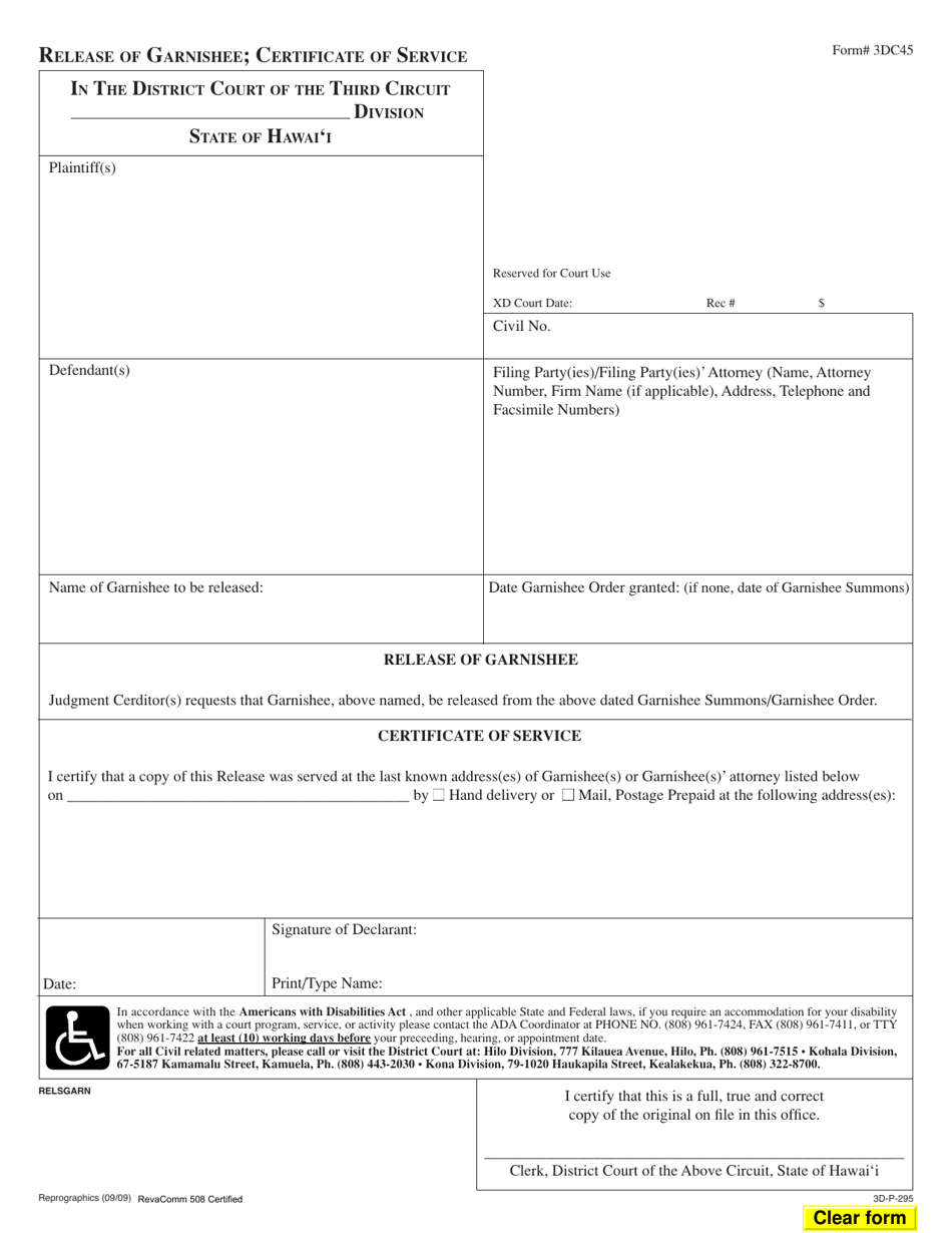 Form 3DC45 Release of Garnishee; Certificate of Service - Hawaii, Page 1