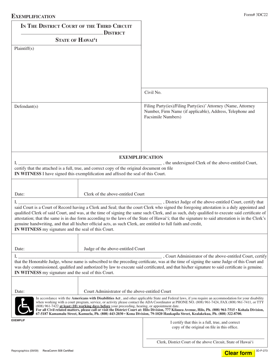 Form 3DC22 Exemplification - Hawaii, Page 1