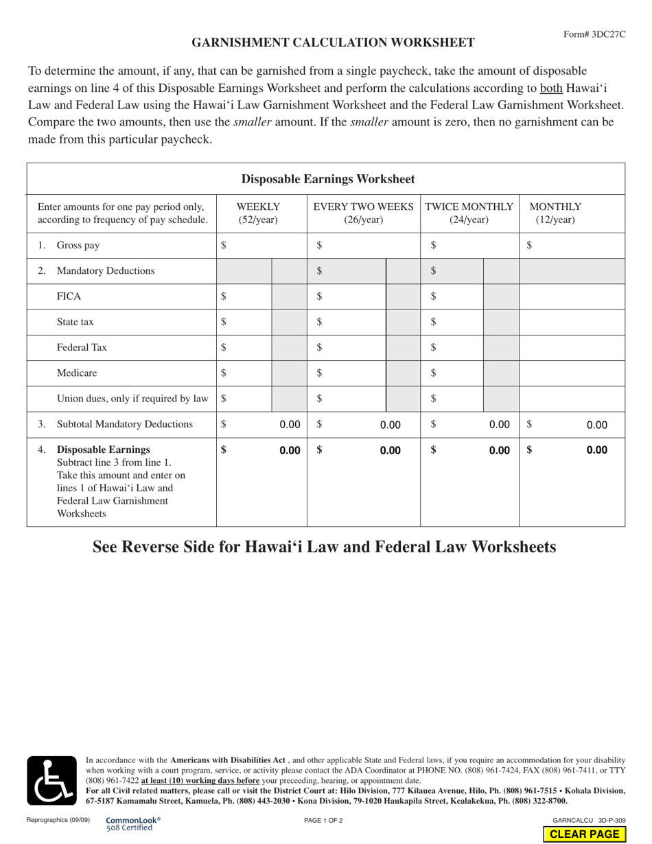 Form 3DC27C Garnishment Calculation Worksheet - Hawaii, Page 1