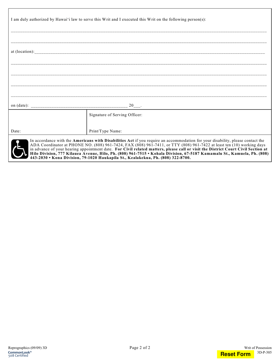Form 3DC54 Writ of Possession - Hawaii, Page 2