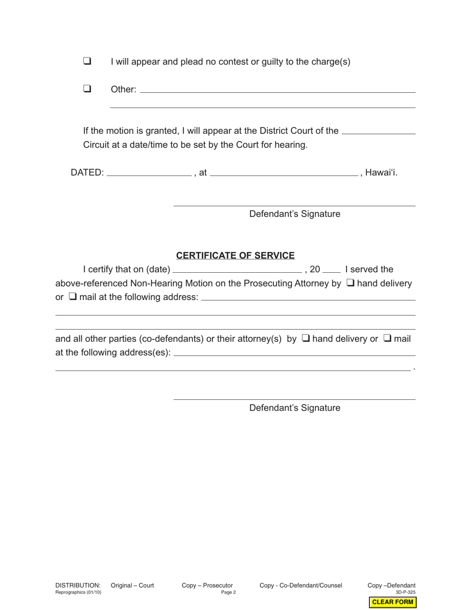 Form 3D-P-325 Non-hearing Motion for Change of Venue (Traffic Crime / Crime); Certificate of Service - Hawaii, Page 2
