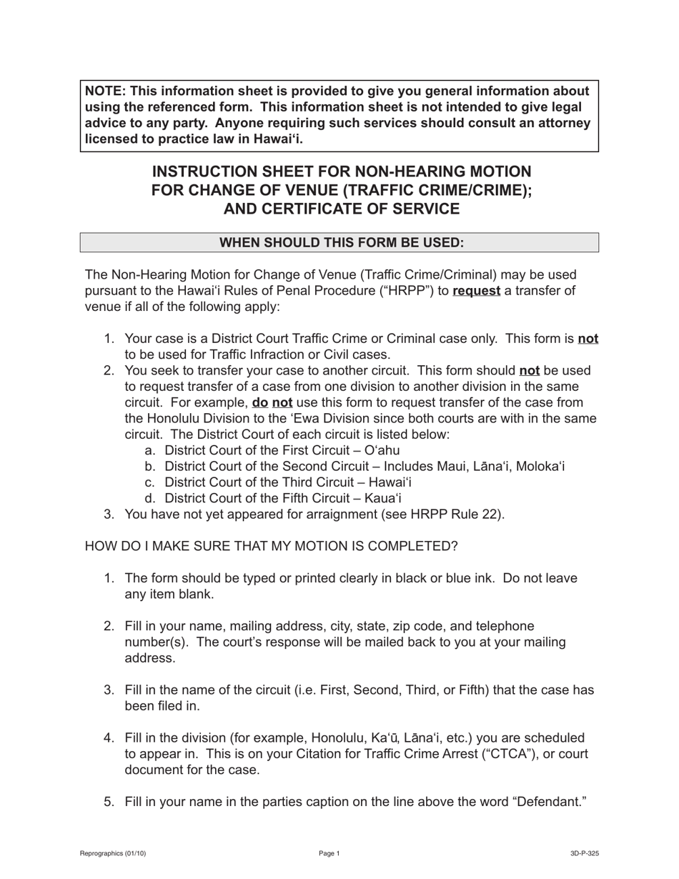 Form 3D-P-325 Non-hearing Motion for Change of Venue (Traffic Crime / Crime); Certificate of Service - Hawaii, Page 3