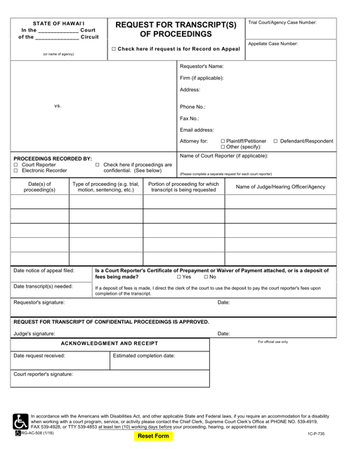 Form 1C-P-735 Request for Transcript(S) of Proceedings - Hawaii
