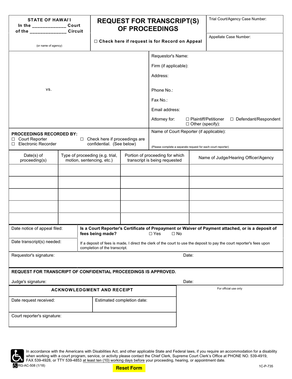 Form 1C-P-735 Request for Transcript(S) of Proceedings - Hawaii, Page 1
