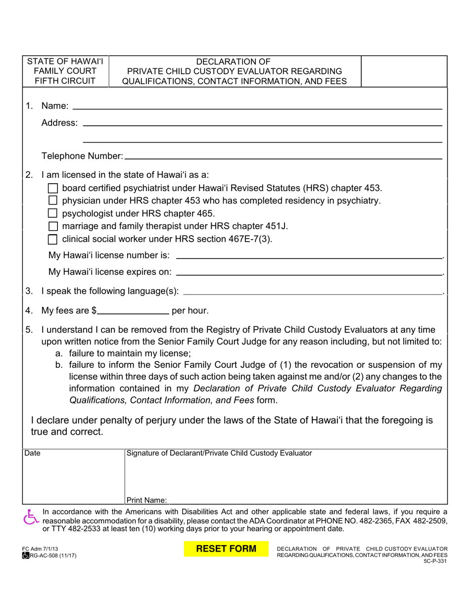 Form 5C-P-331 Declaration of Private Child Custody Evaluator Regarding Qualifications, Contact Information, and Fees - Hawaii, Page 1