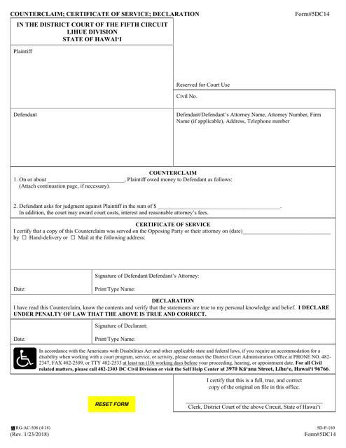 Form 5DC14 Counterclaim; Certificate of Service; Declaration - Hawaii
