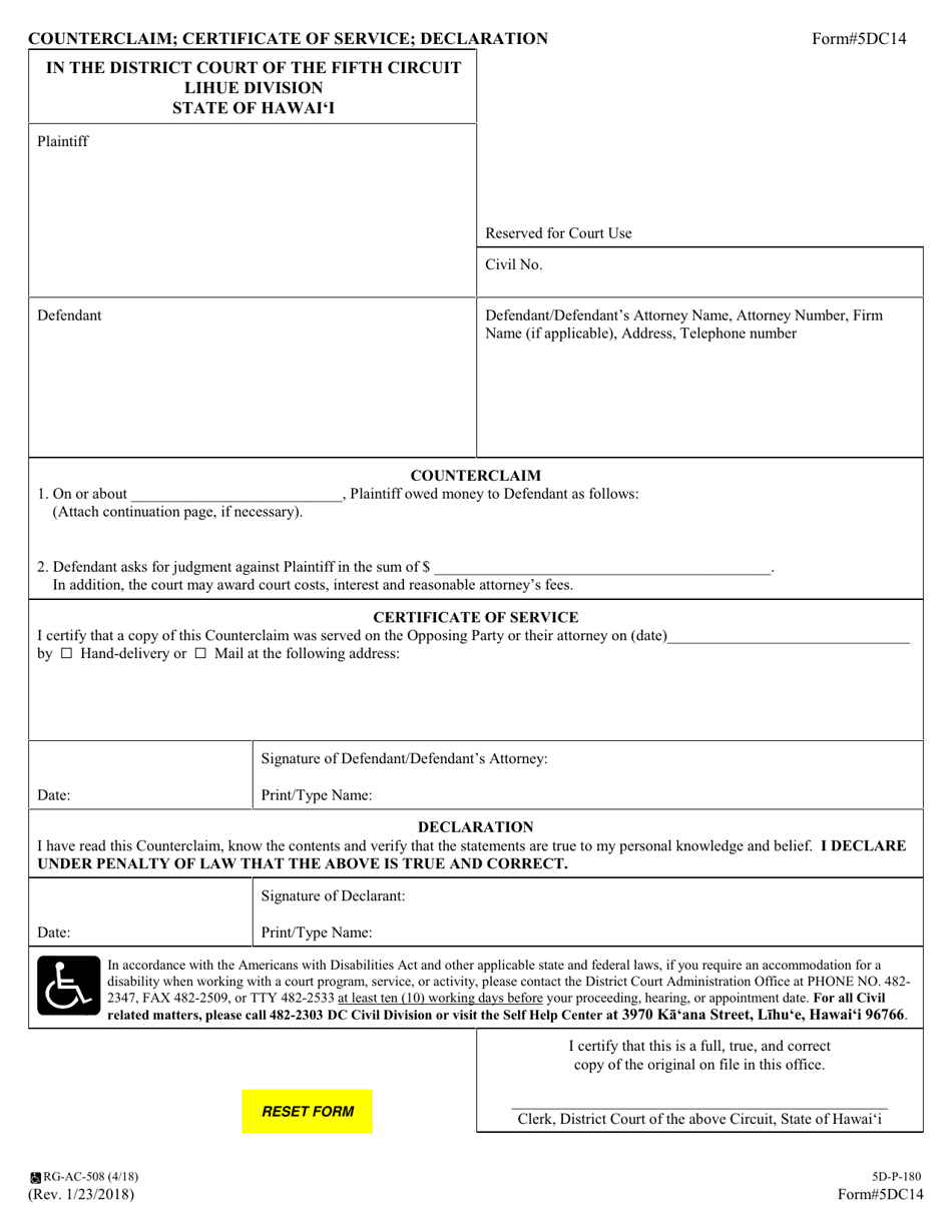 Form 5DC14 Counterclaim; Certificate of Service; Declaration - Hawaii, Page 1