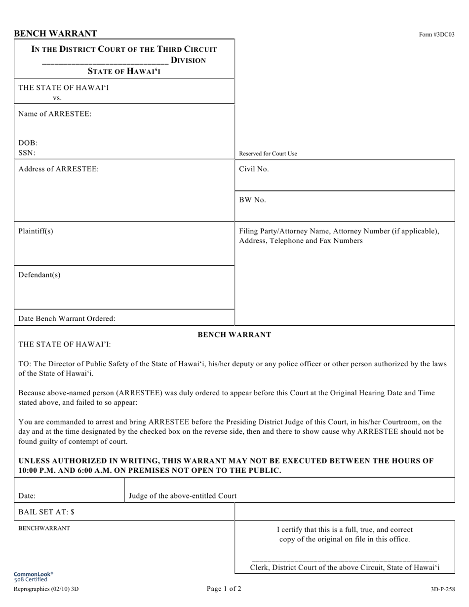 Form 3DC03 Bench Warrant - Hawaii, Page 1