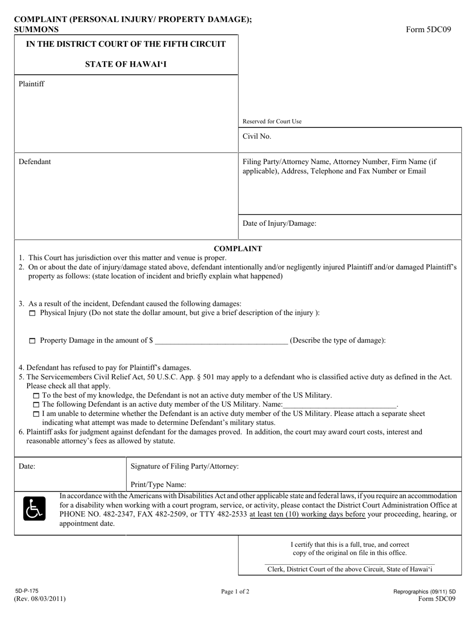 Form 5DC09 Complaint (Personal Injury / Property Damage); Summons - Hawaii, Page 1