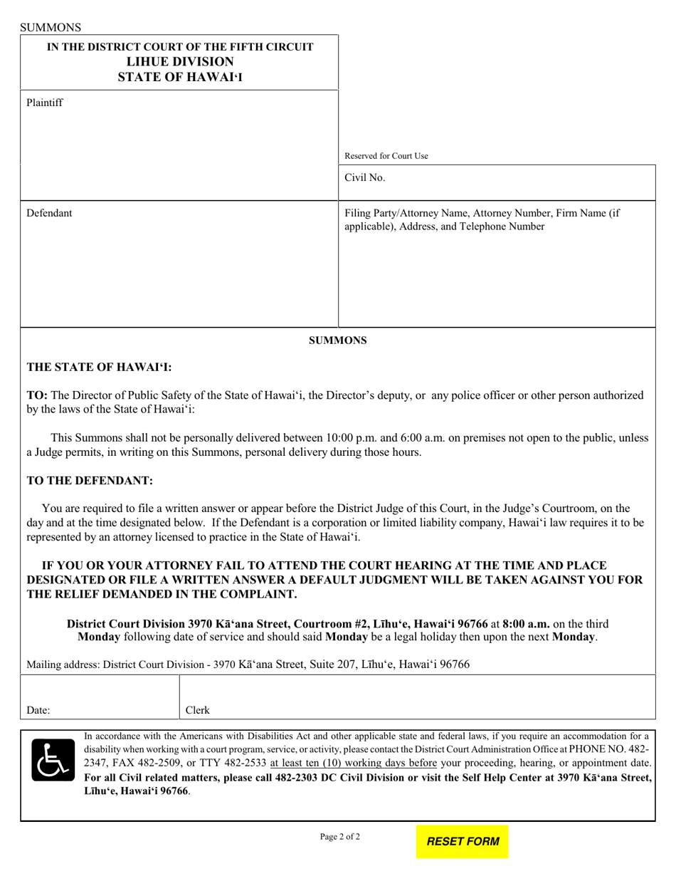 Form 5DC09 Complaint (Personal Injury / Property Damage); Summons - Hawaii, Page 2