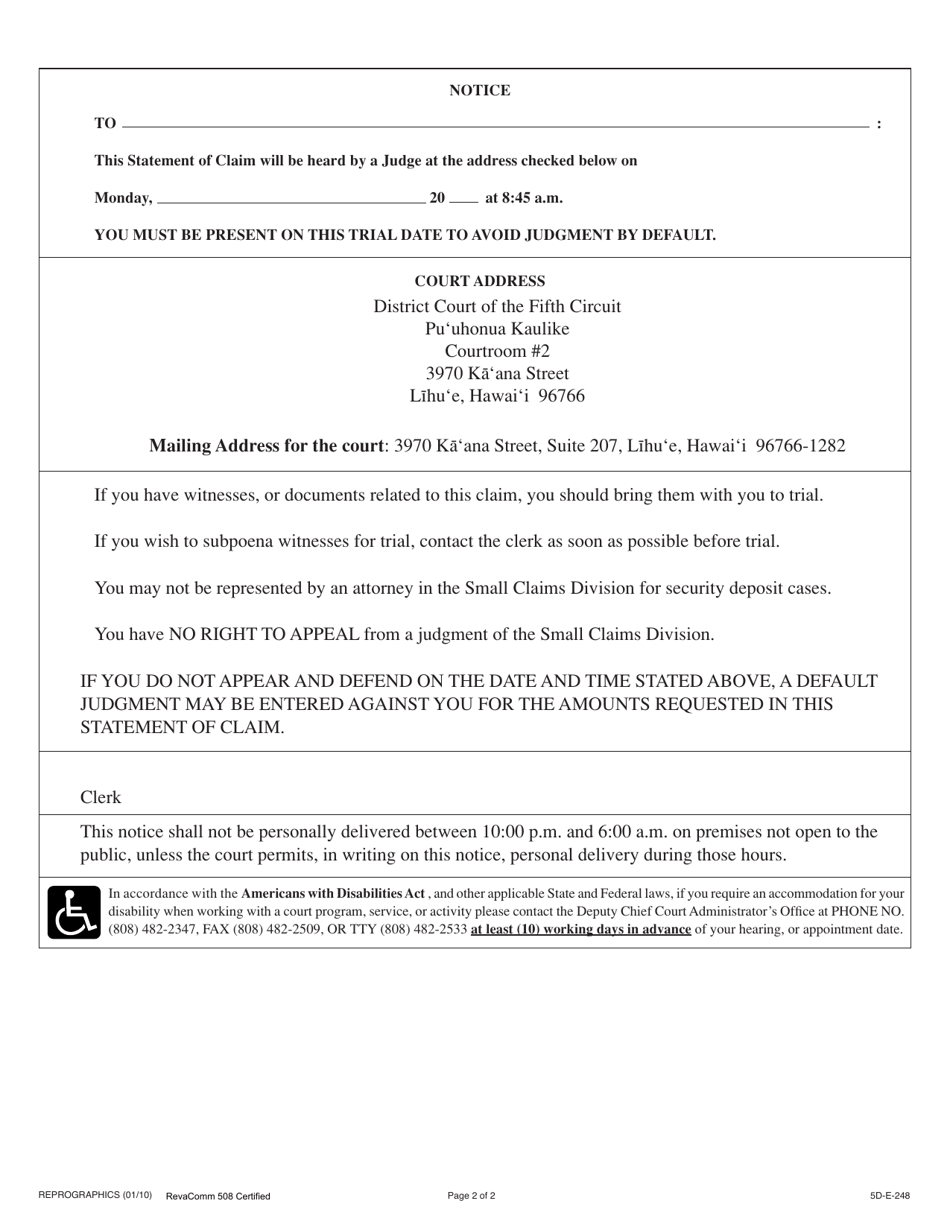Form 5DC05 Statement of Claim and Notice (Disagreement About Security Deposit-Residential) - Hawaii, Page 2
