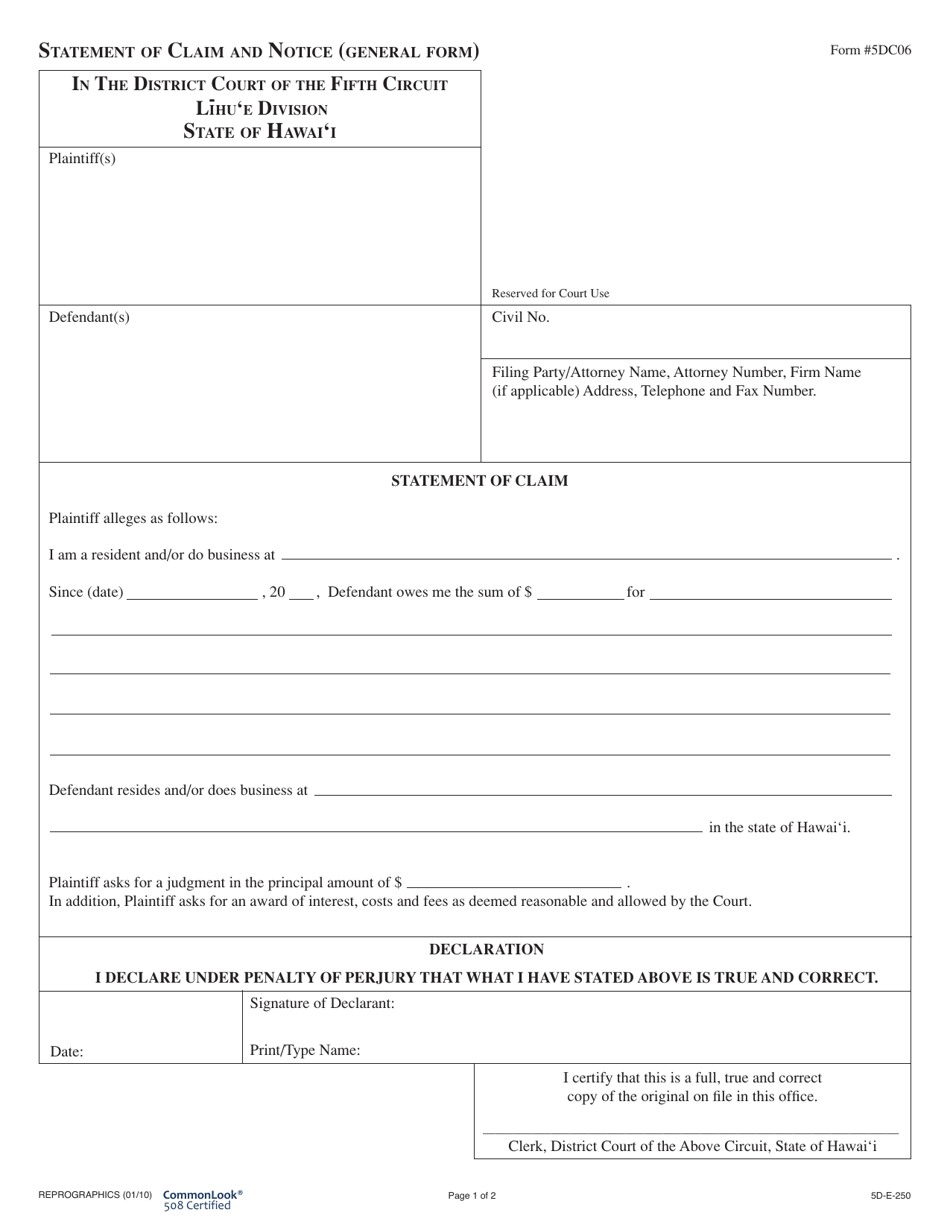 Form 5DC06 Statement of Claim and Notice (General Form) - Hawaii, Page 1