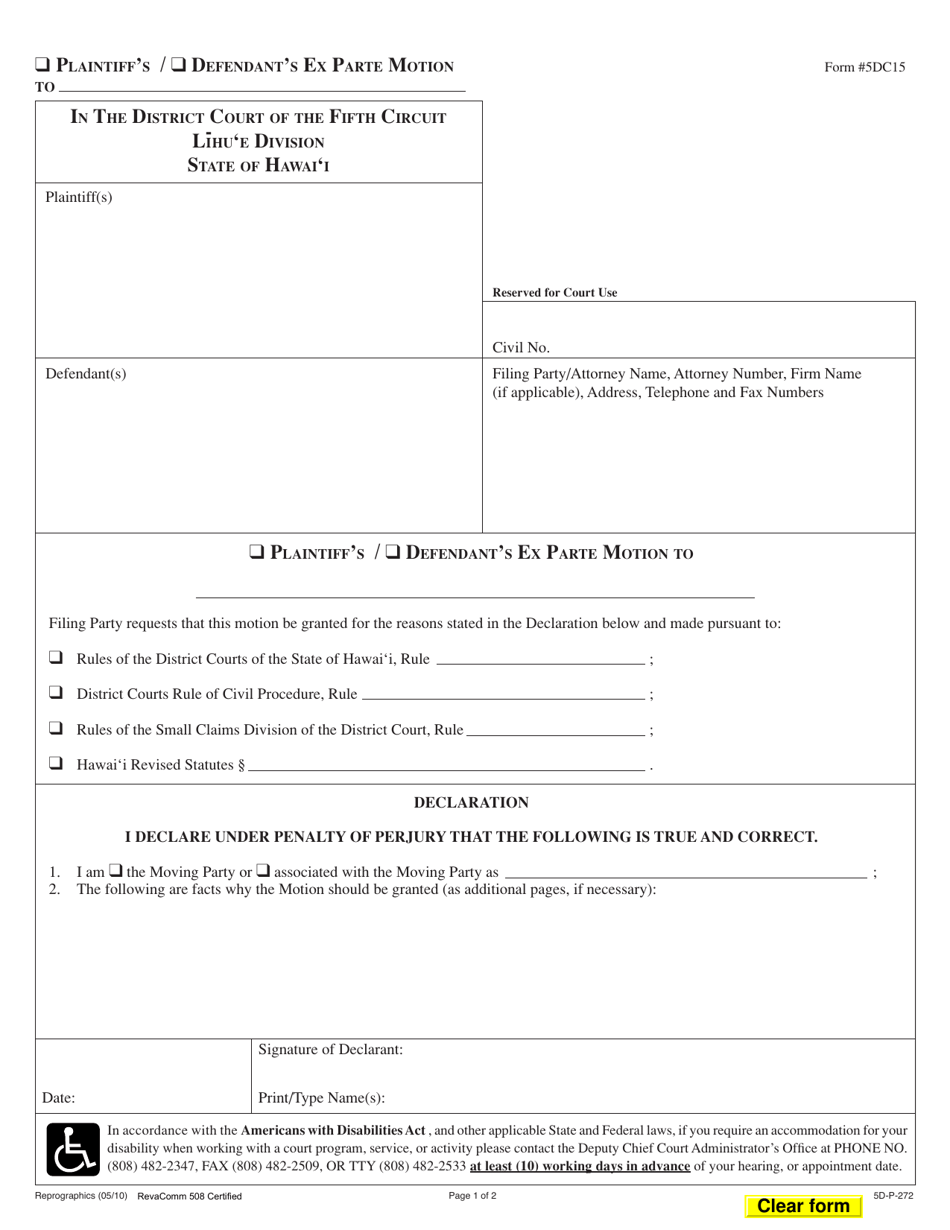 Form 5DC15 Plaintiffs / Defendants Ex Parte Motion - Hawaii, Page 1