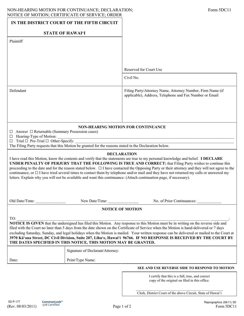 Form 5DC11 Non-hearing Motion for Continuance; Declaration; Notice of Motion; Certificate of Service; Order - Hawaii, Page 1
