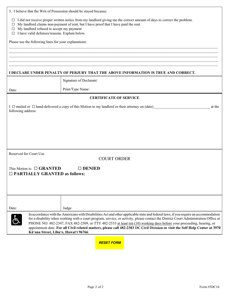 Form 5DC16 Ex Parte Motion to Stay Execution of Writ of Possession; Declaration; Order - Hawaii, Page 2