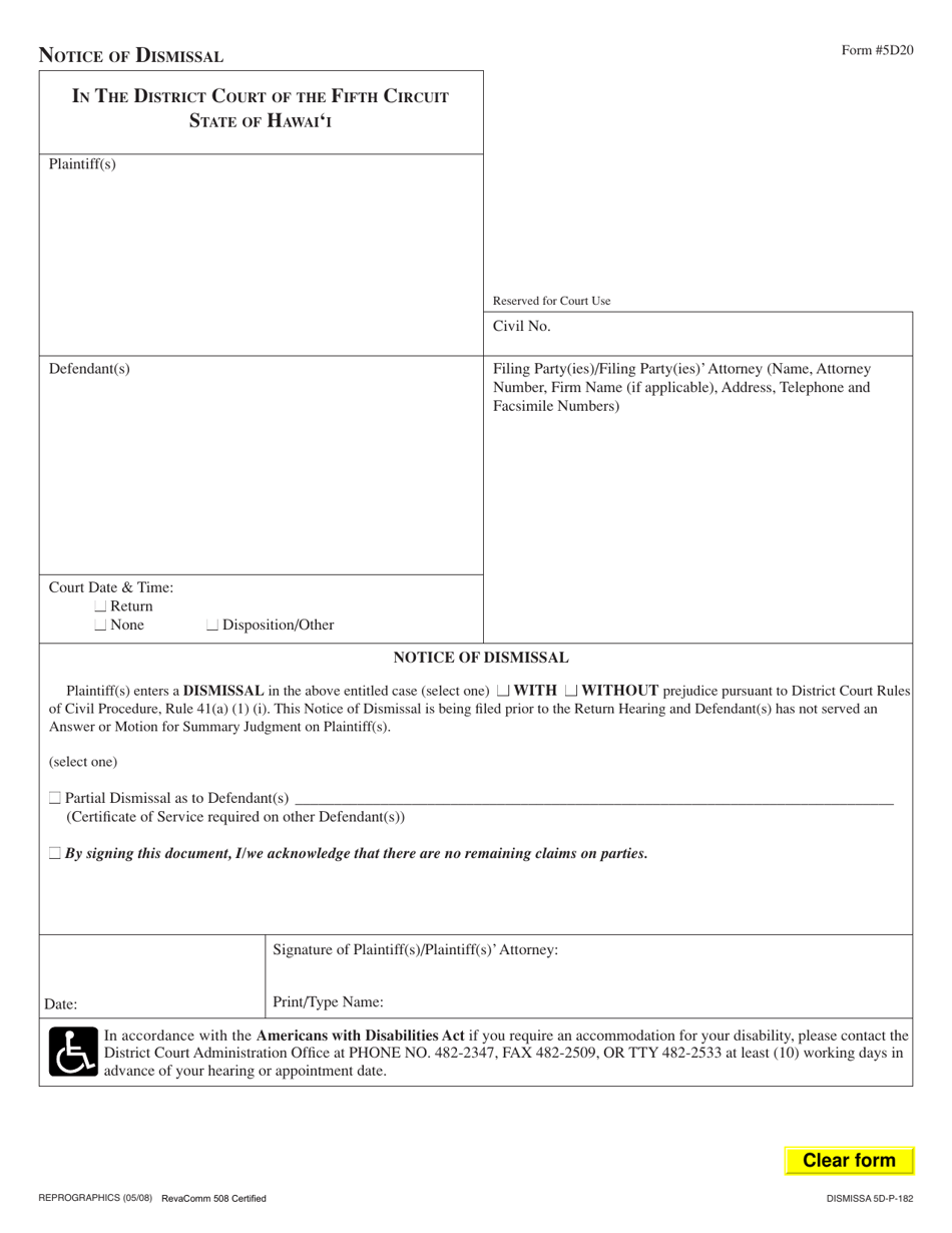 Form 5DC20 Notice of Dismissal - Hawaii, Page 1