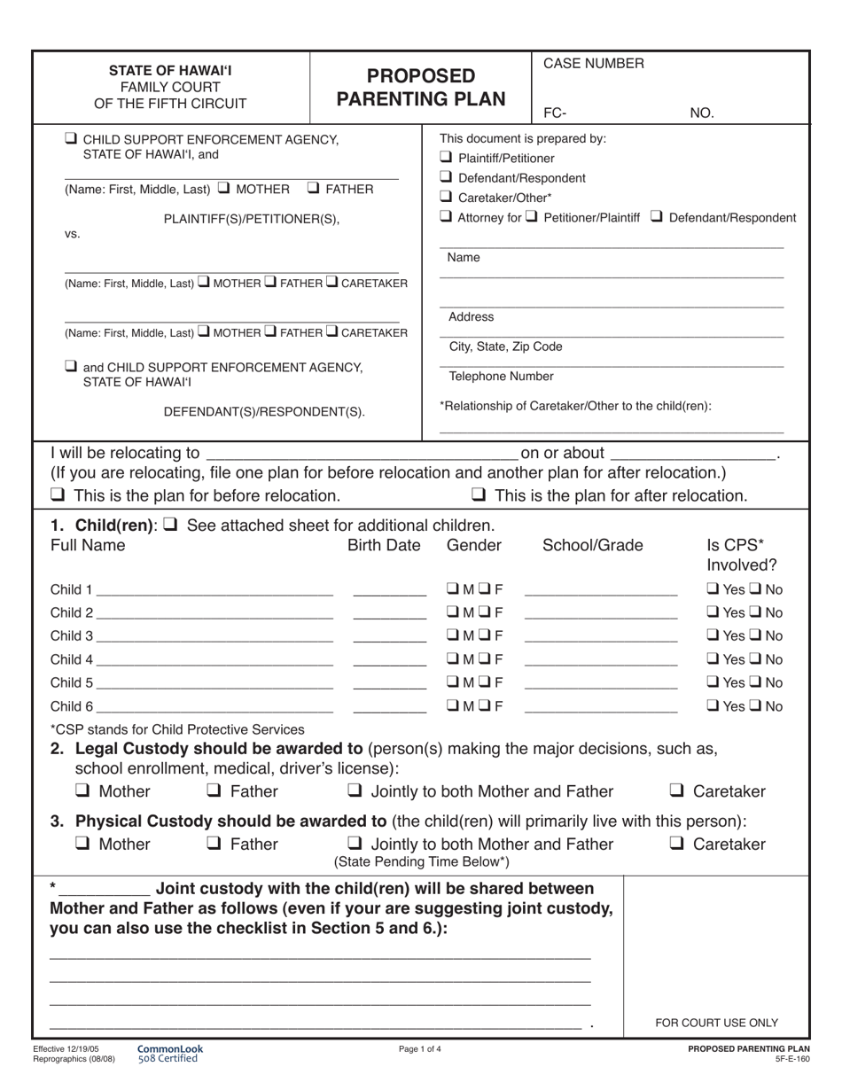 Form 5F-E-160 Parenting Plan - Hawaii, Page 2