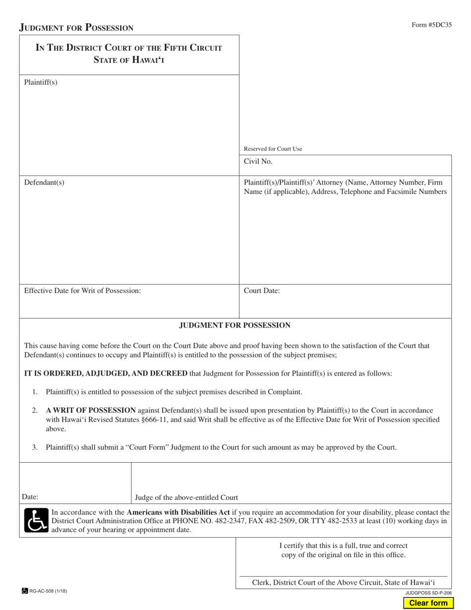Form 5DC35 Judgment for Possession - Hawaii, Page 1