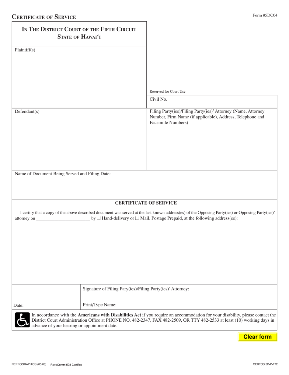 Form 5DC04 Certificate of Service - Hawaii, Page 1