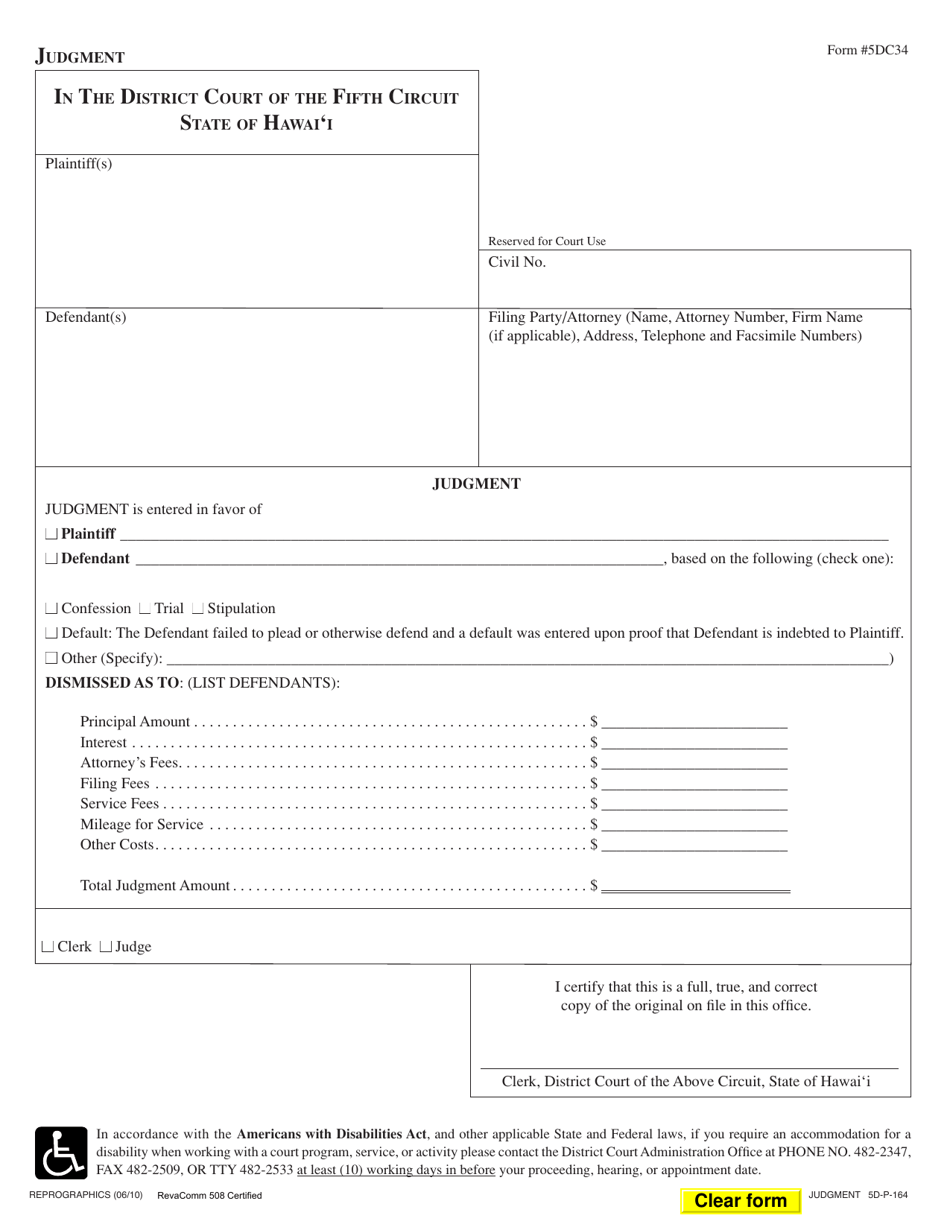 Form 5DC34 Judgment - Hawaii, Page 1