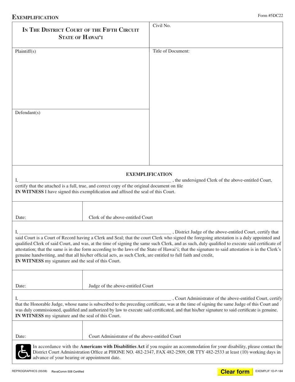 Form 5DC22 Exemplification - Hawaii, Page 1